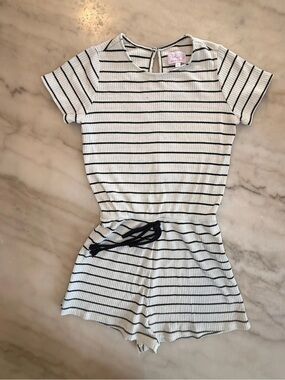 🔥 Pink Lily White Romper with Black Stripes Size MEDIUM